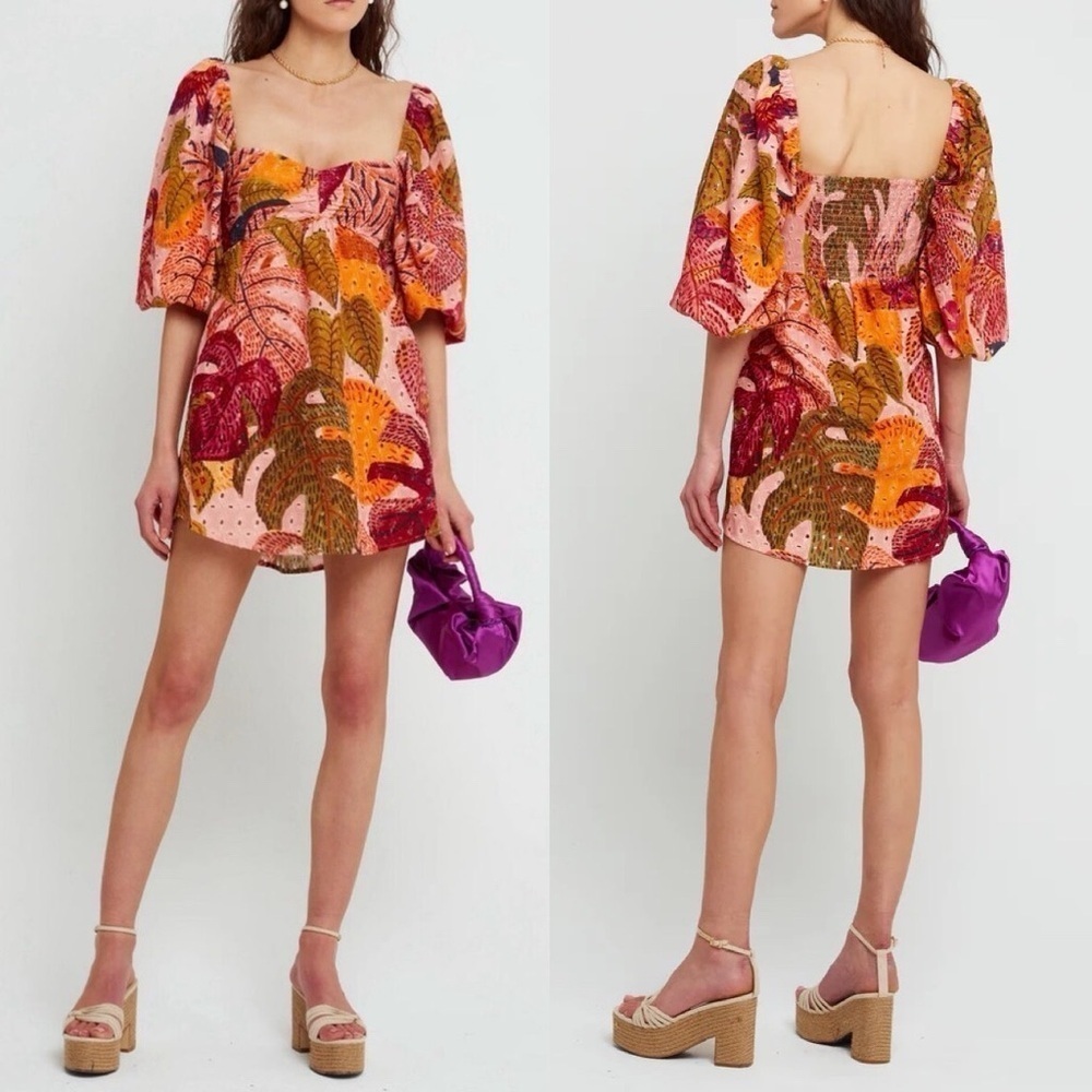 Kourt Boho Floral Puff-Sleeve Mini Jungle Print Babydoll Dress Pink Orange Small